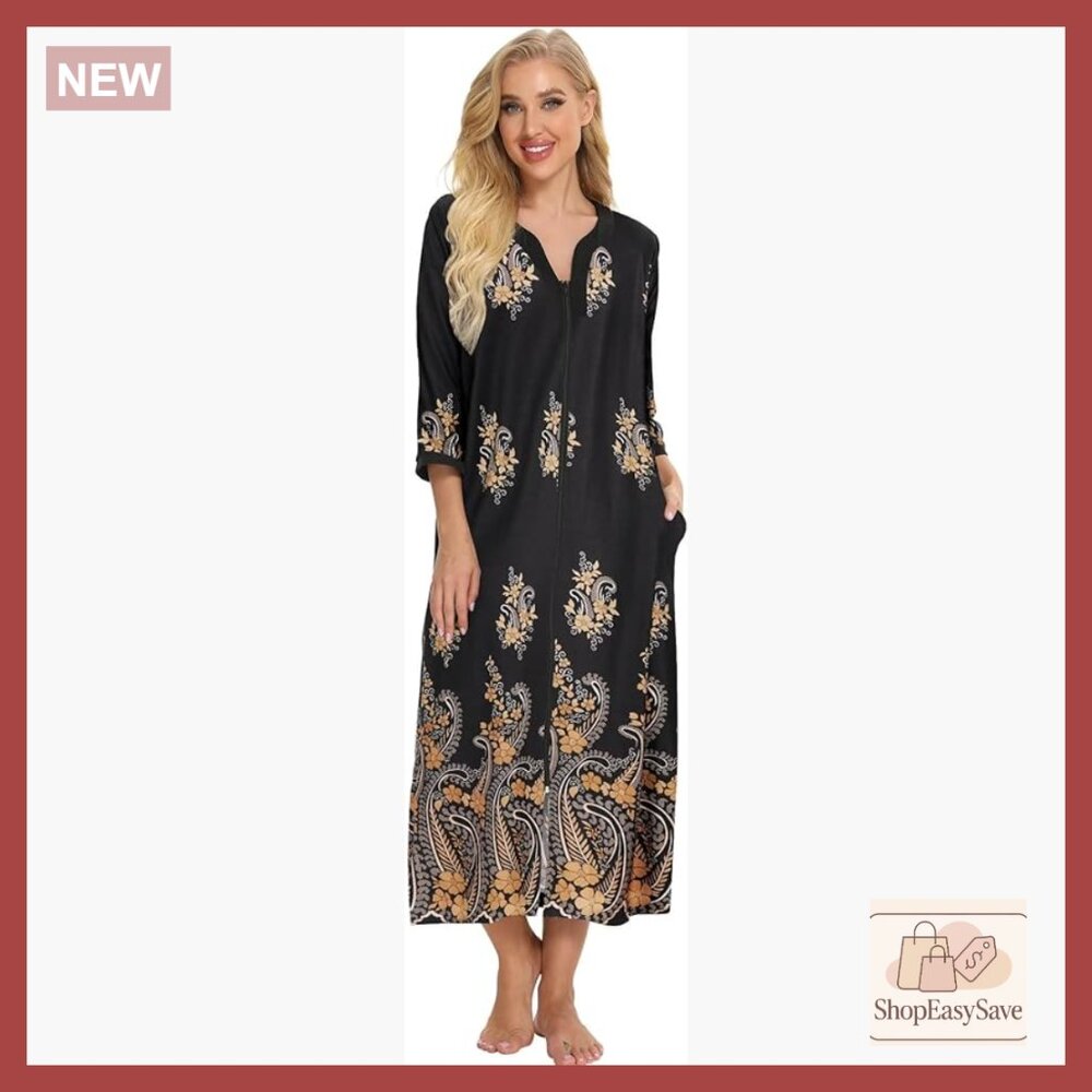 Soft Cotton Zip Up Robe House Dress Half Sleeve Lounge Gown Elegant Comfortable
